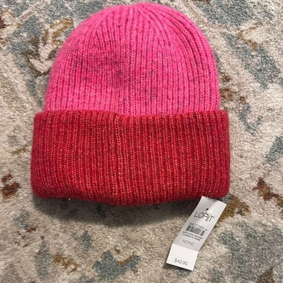 LOFT Pink and Red Knit Beanie Hat - Picture 1 of 5